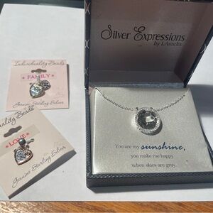 Silver Expression Necklace with Crystal Pendant and 2 Charms Son Mom Family